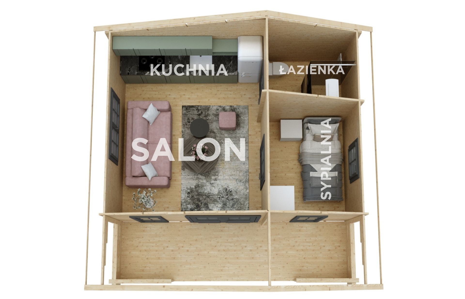 rzut domku drewnianego 600x600 układ pomieszczeń